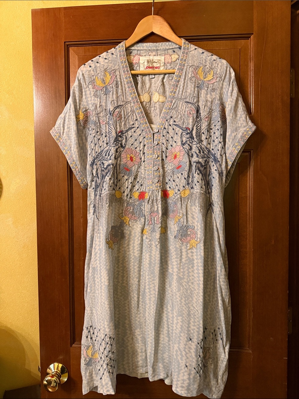 Johnny Was Biya Zippy Shift Dress Blue Embroidered V-Neck w/Buttons and Slip XL